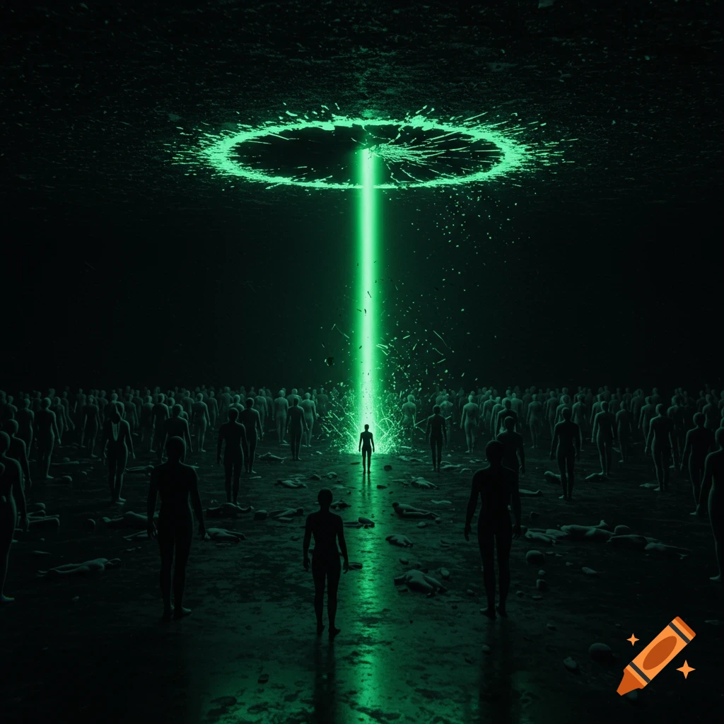 A lone figure stands in a dark, vast space with a bright green light beam shining down from a cracked ring above, surrounded by numerous shadowy humanoid figures and fallen bodies.