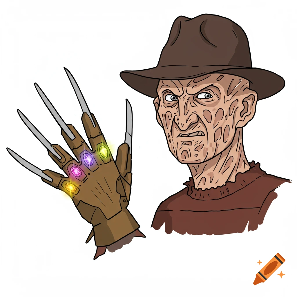 A cartoon illustration of Freddy Krueger's head with a brown hat next to his bladed glove, which is adorned with colorful Infinity Stones.