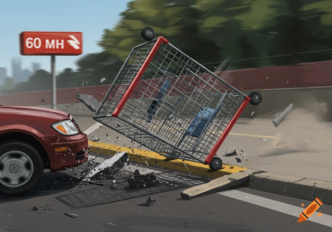 A red car has collided with a shopping cart, sending the cart flying into the air with debris scattering. A 60 MH sign is visible. Digital illustration.