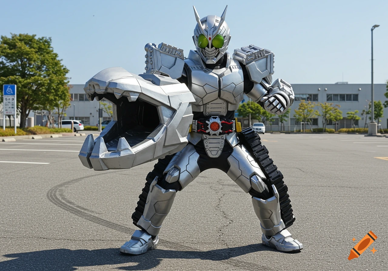 A photorealistic silver tank-themed Kamen Rider in heavy robotic armor with a large crusher jaw poses in a parking lot during the daytime.