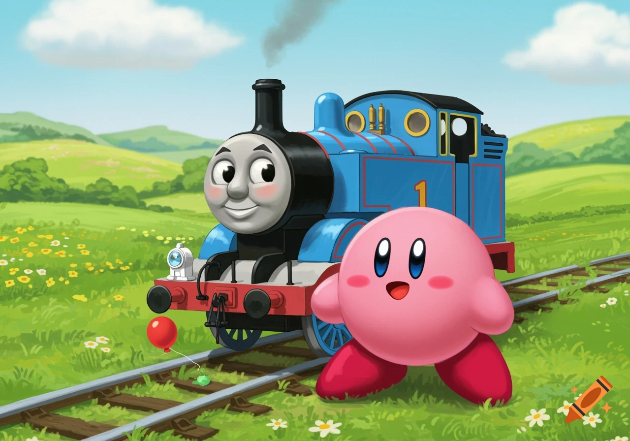 Thomas the Tank Engine and Kirby stand on railroad tracks in a vibrant green landscape under a blue sky, a red balloon nearby.
