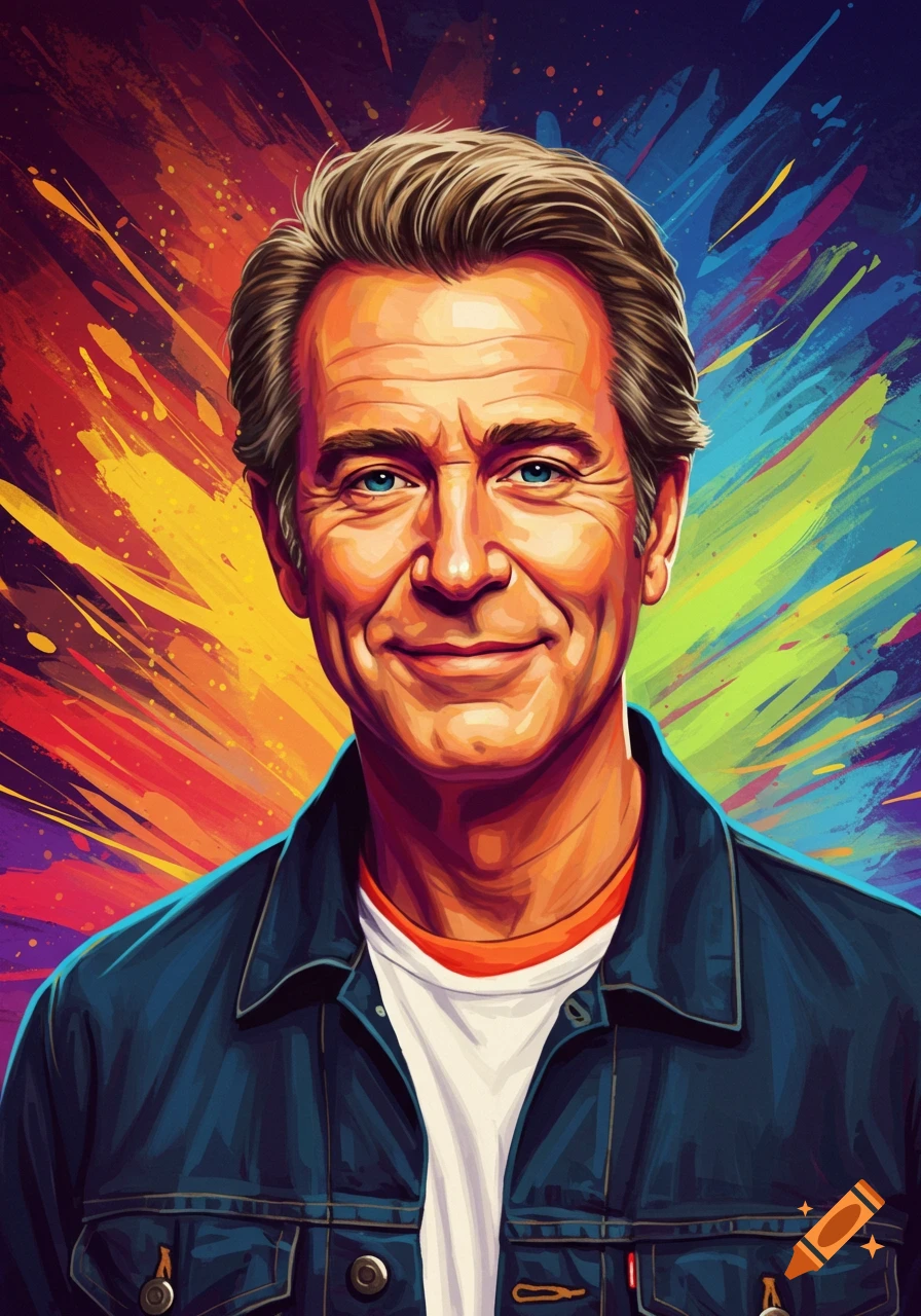 A stylized portrait illustration of a smiling man with brown hair and blue eyes, wearing a denim jacket, against a vibrant, colorful abstract background.