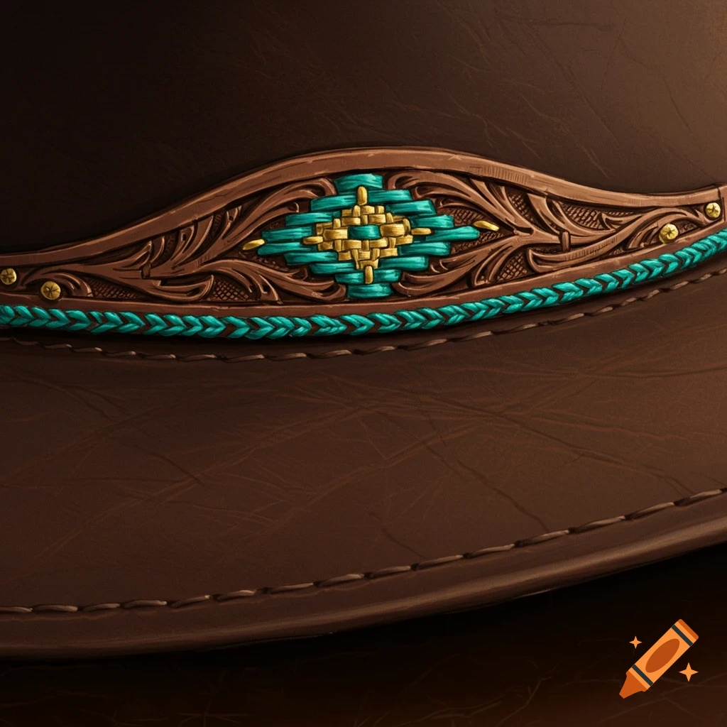 A close-up of a brown leather western hat with a decorative band featuring turquoise and gold geometric patterns and a braided turquoise trim.