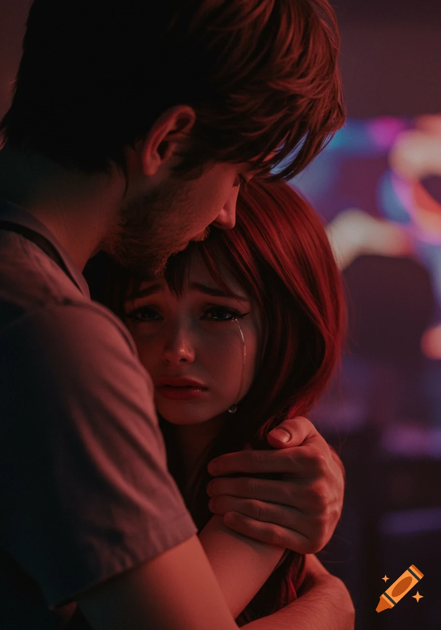 A man in a gray shirt embraces a crying woman with red hair, lit by a reddish glow, in a tender moment.