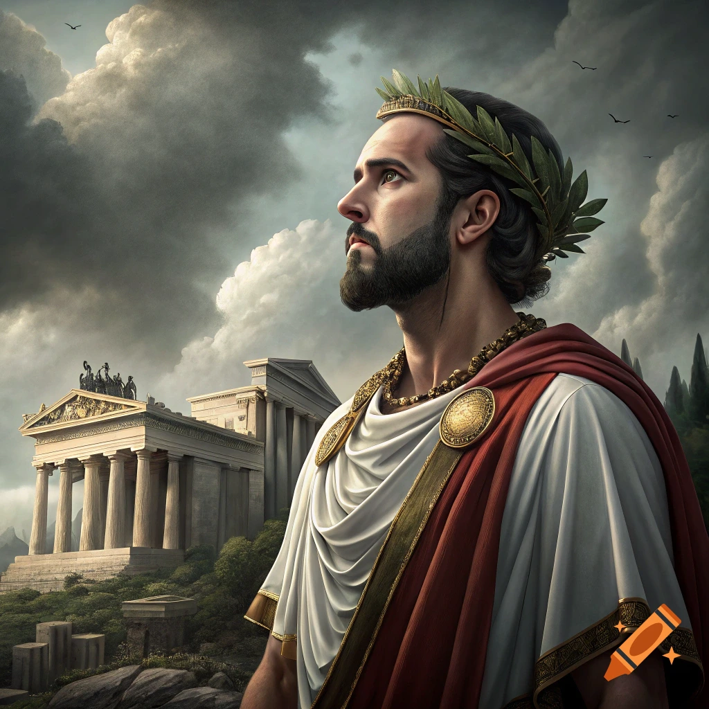 A regal man resembling Nayib Bukele, dressed as Julius Caesar in a white toga and red cloak with a laurel wreath, stands before classical Roman architecture under dramatic clouds.