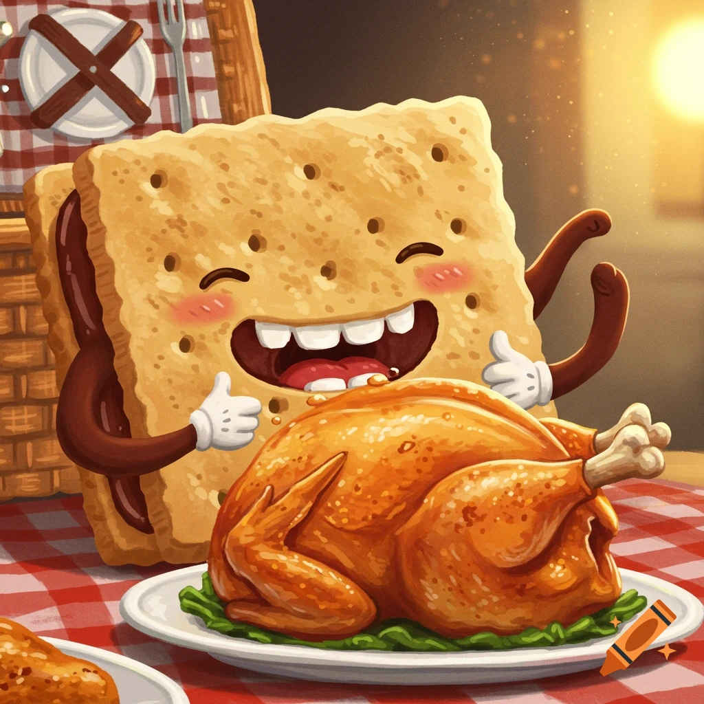A cheerful cartoon graham cracker gives a thumbs up to a roasted chicken on a picnic table.