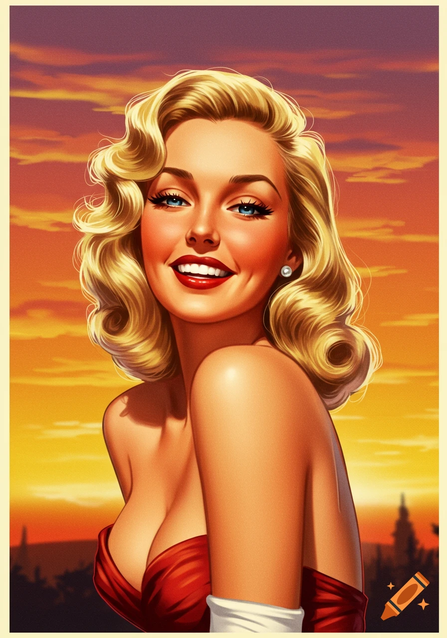 A smiling blonde woman with blue eyes and red lipstick, in a classic pin-up illustration style, against a vibrant sunset background.