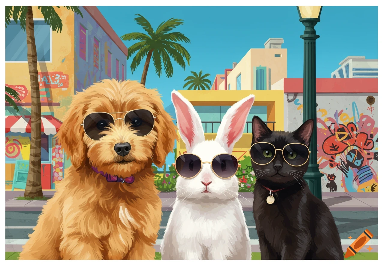 A golden doodle puppy, a white rabbit, and a black cat wearing sunglasses on a vibrant city street with palm trees.
