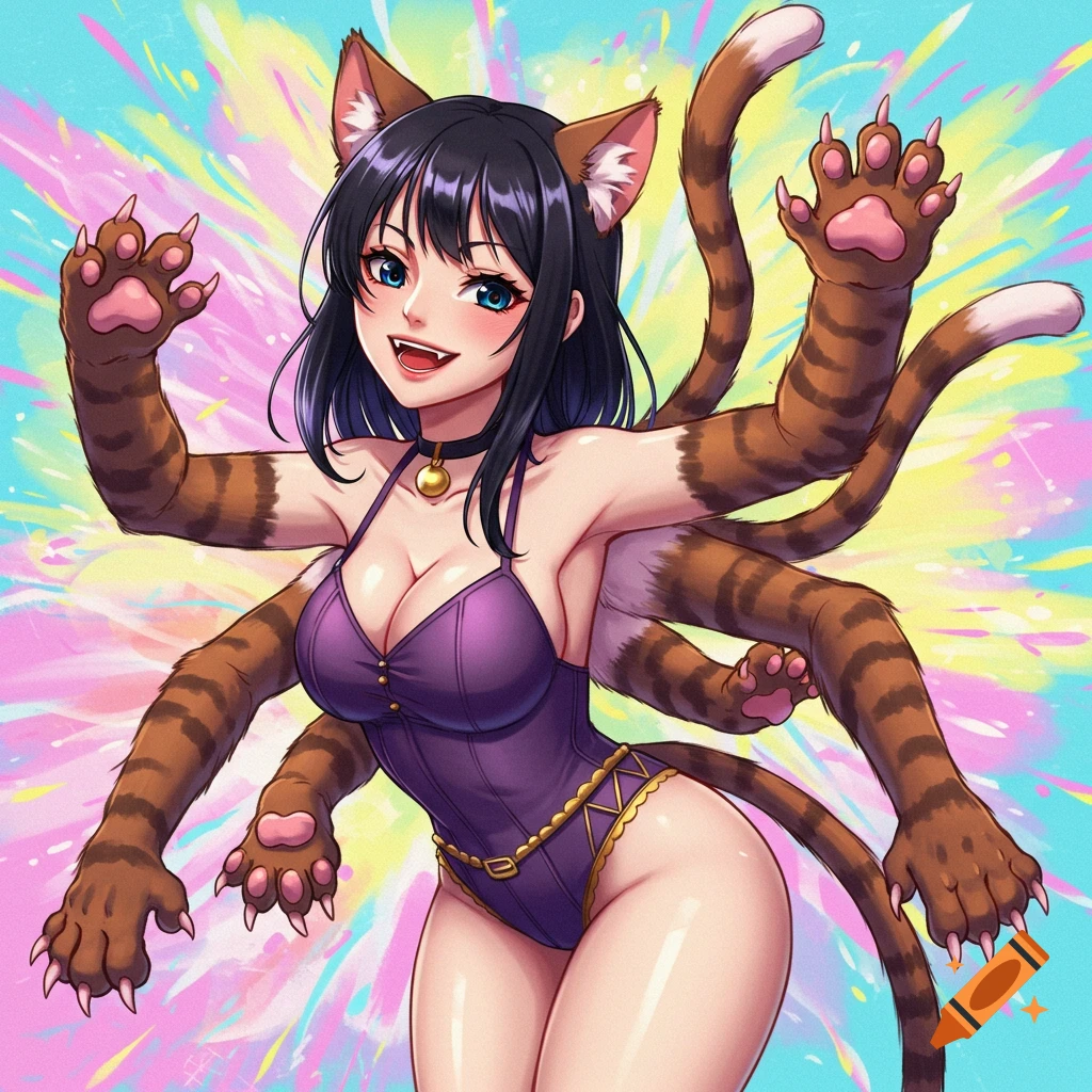 Anime woman with cat ears and multiple striped feline arms and a tail, wearing a purple bodysuit, against a vibrant background.