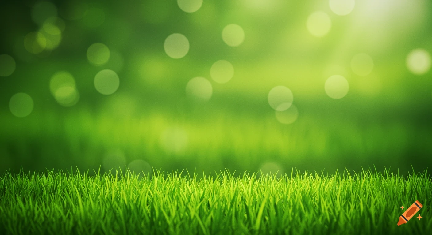 Close-up of vibrant green grass with a blurred bright green background and bokeh lights.