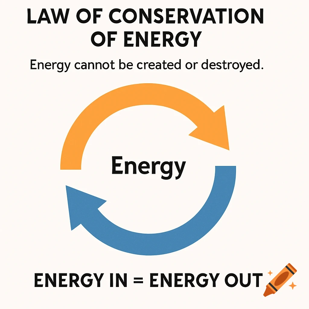 Diagram of the Law of Conservation of Energy. Features circular arrows around 'Energy', text explains the concept.