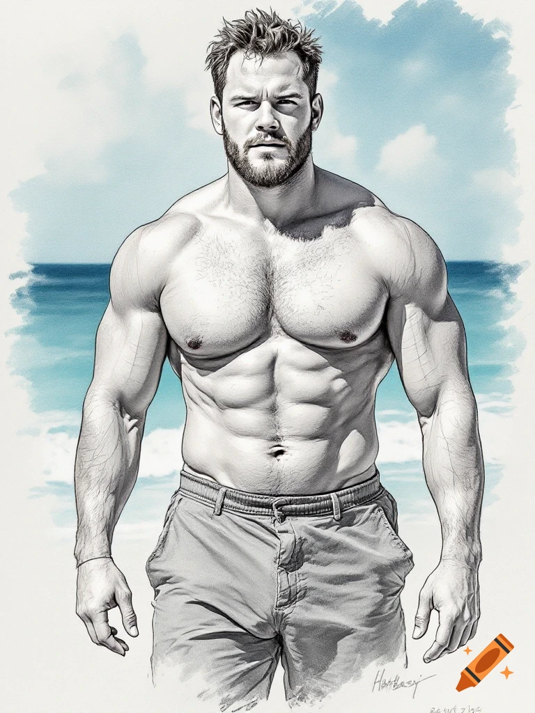 A black and white drawing of a muscular man with a beard, wearing pants, standing on a beach with blue water and sky in the background.
