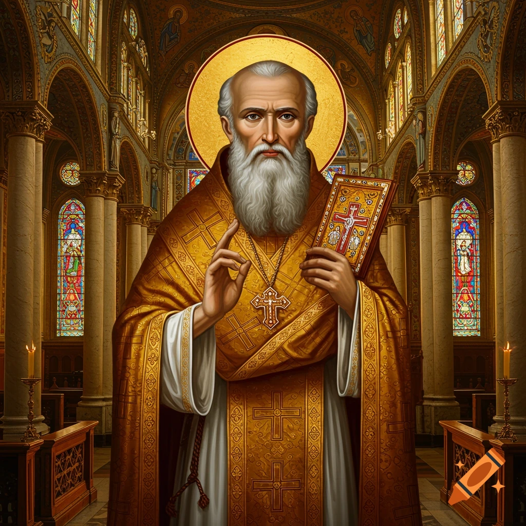 A solemn saint in a golden robe with a halo, holding a book with a cross, stands in a richly decorated church with stained glass.