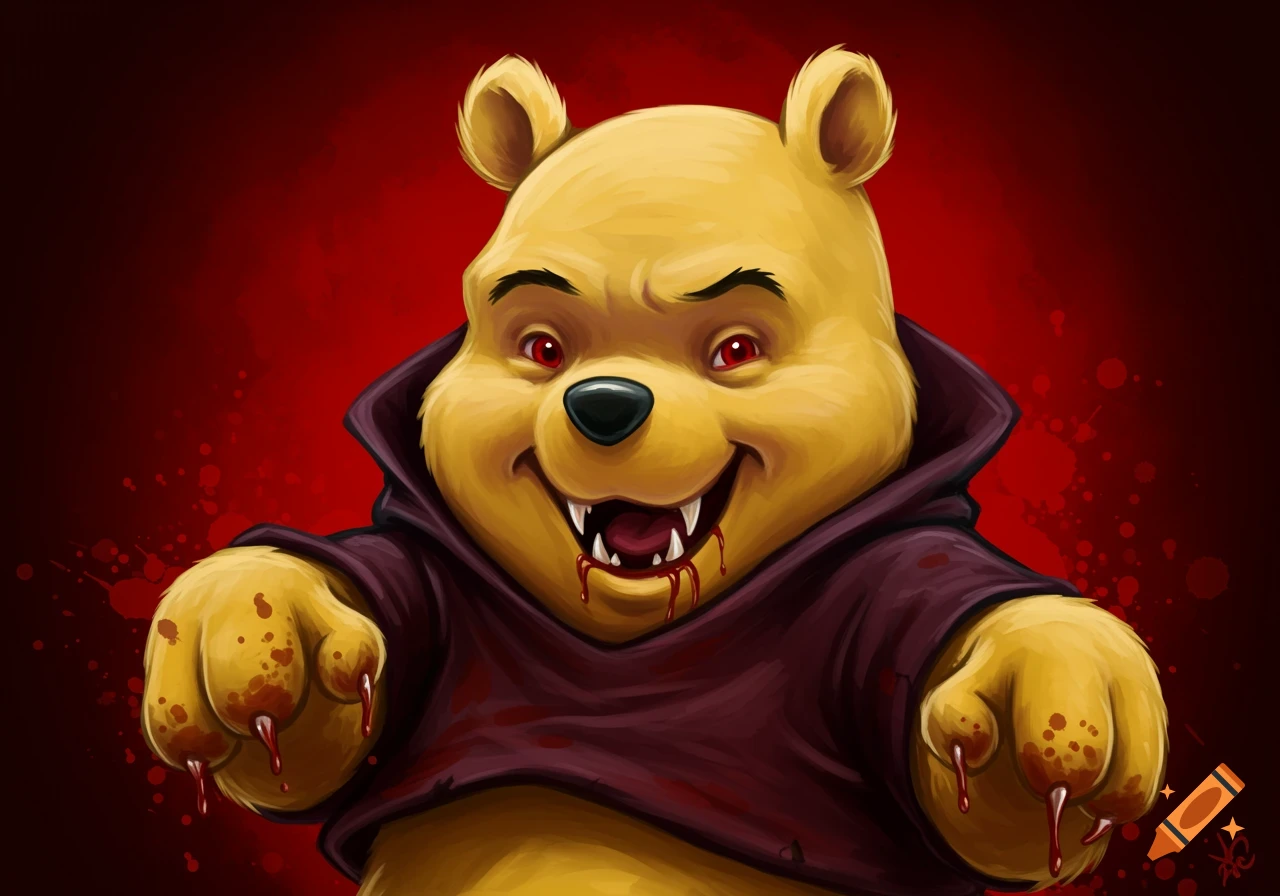 Vampire Winnie the Pooh with red eyes, fangs, and blood on his mouth and claws, against a splattered red background.