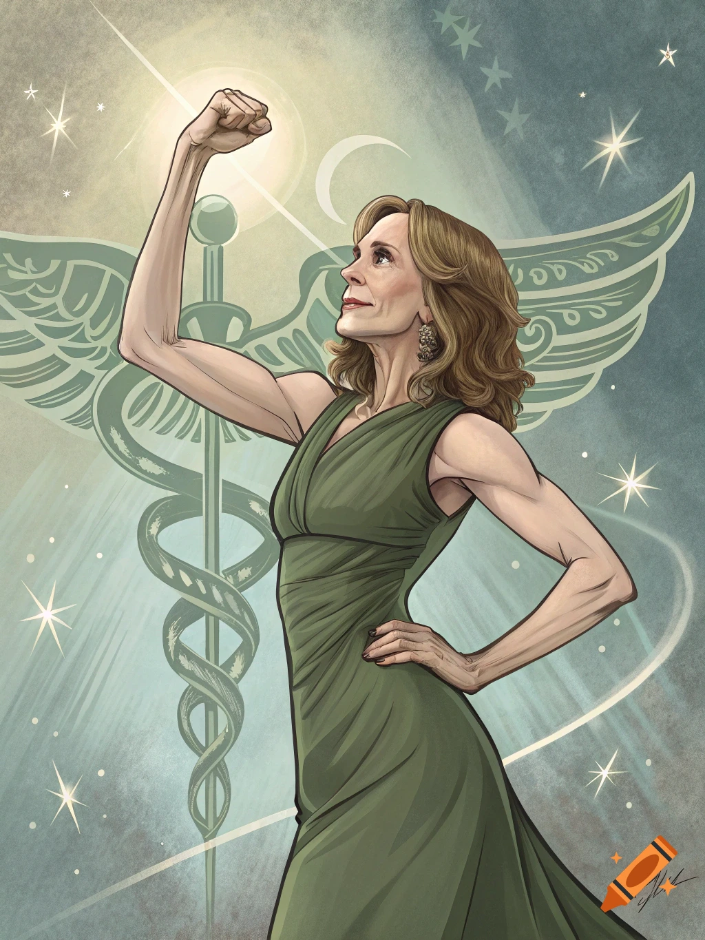 An illustrated portrait of a woman in an olive-green dress with muscular arms, flexing one arm. She stands in front of a stylized caduceus symbol, surrounded by light and stars, looking upwards with a determined expression.