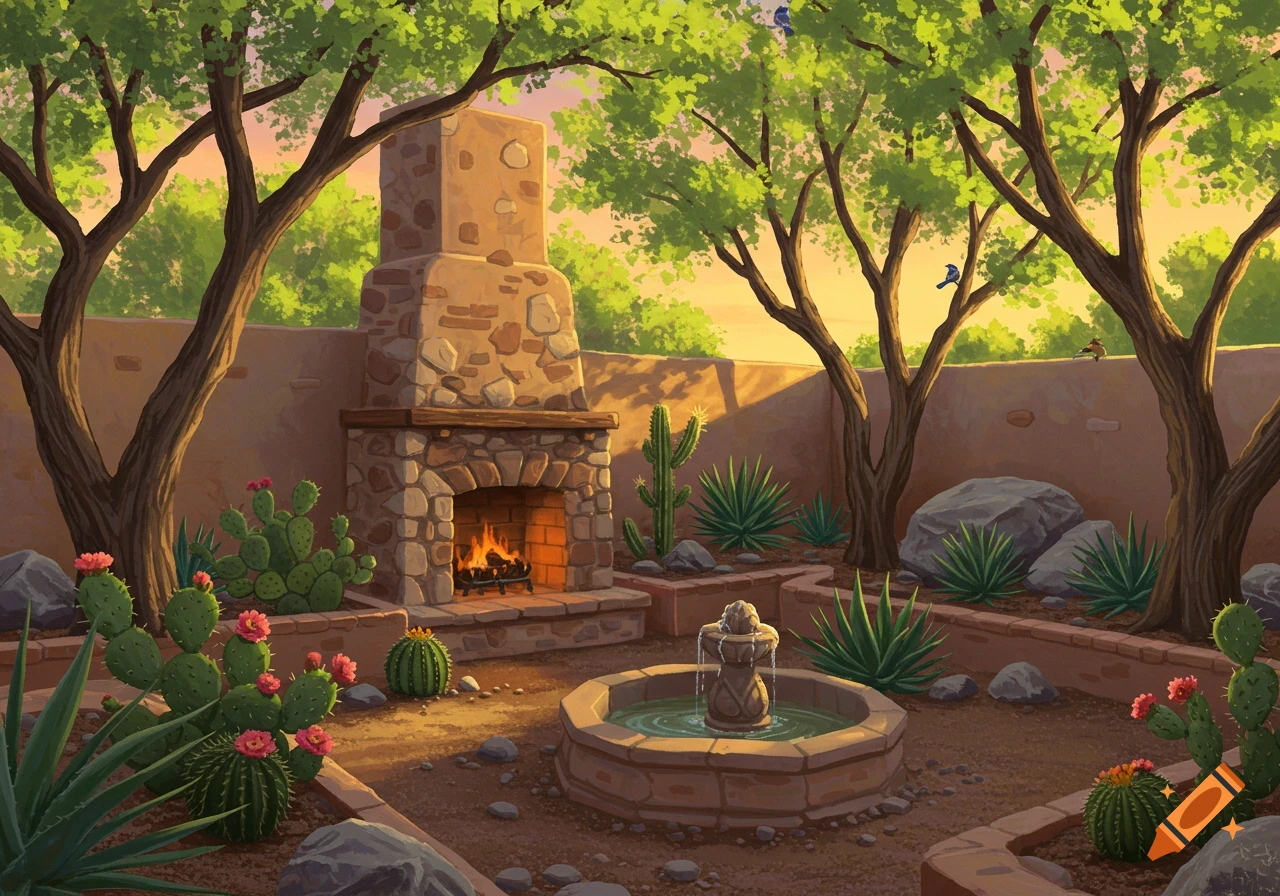 A vibrant illustrated southwestern courtyard with a stone fireplace, fountain, cacti, and trees under a sunset sky.