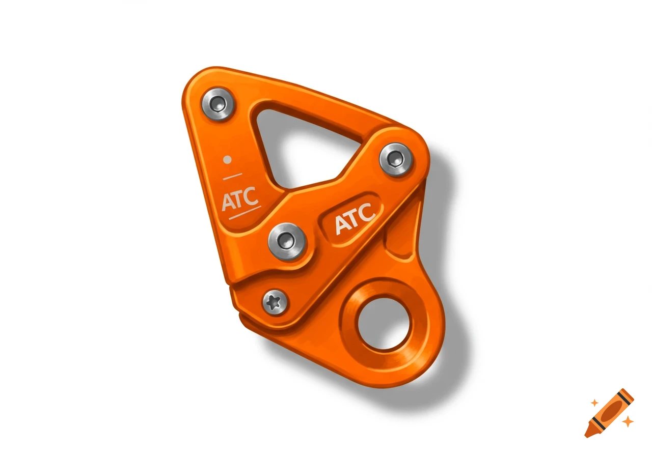 An orange ATC climbing belay device with silver nuts and bolts on a white background.