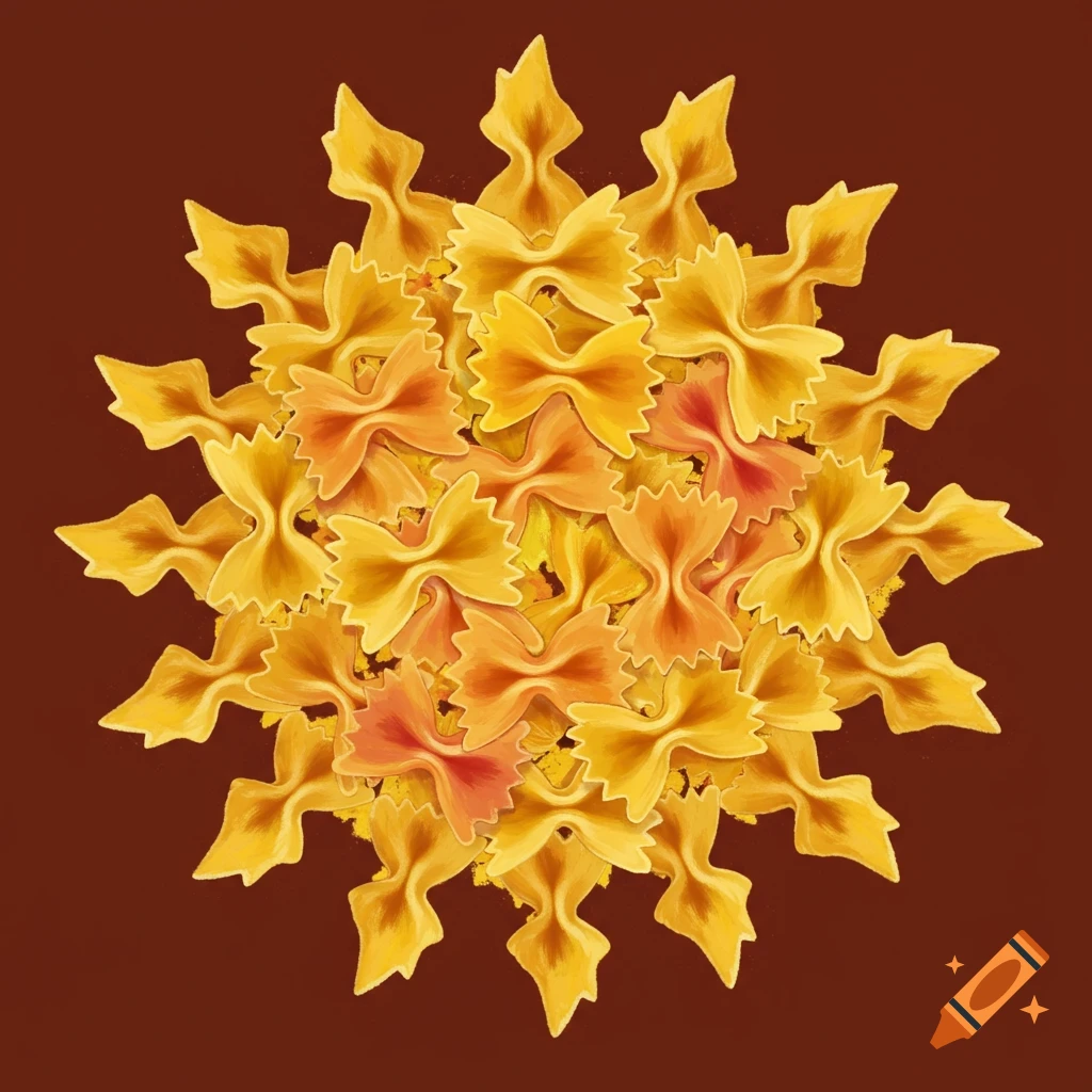 A circular arrangement of farfalle pasta resembling a sun, on a brown background.