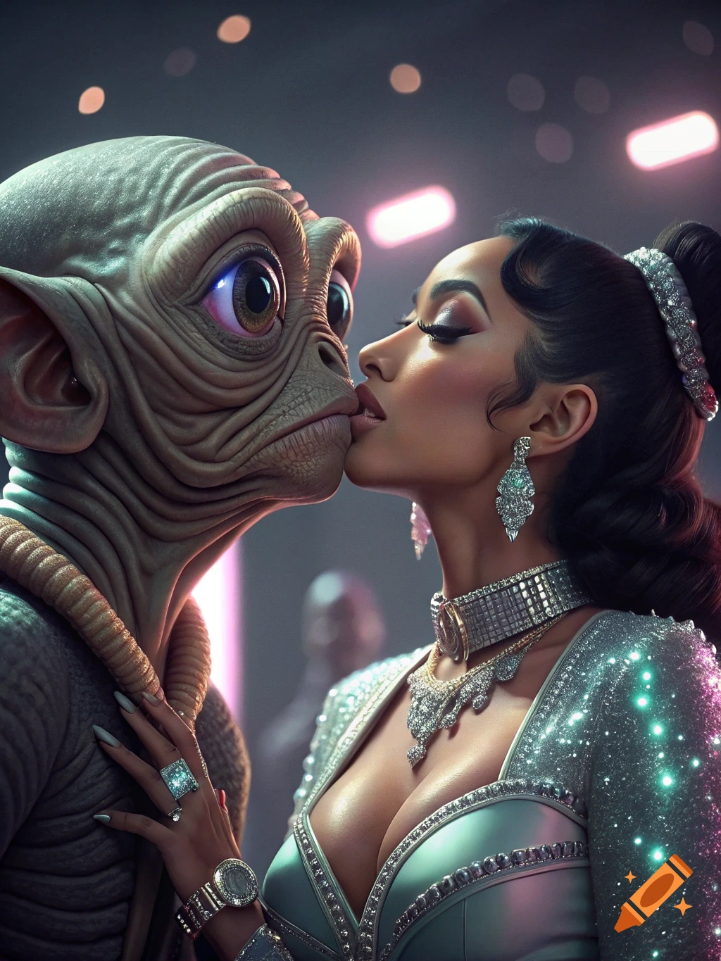 Photorealistic image of a glamorous woman resembling Cardi B kissing an alien.