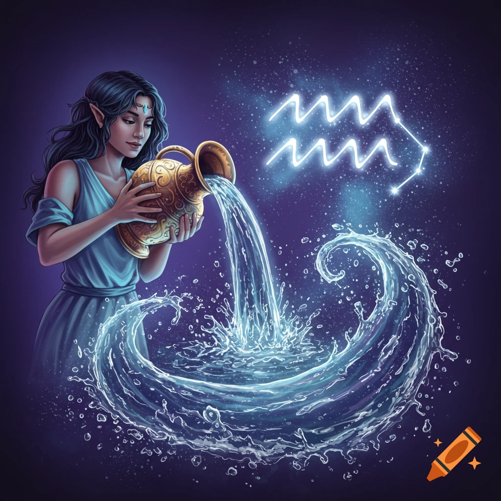 An elf-like woman in a blue dress pours water from a golden jug, creating a swirling splash with the glowing Aquarius zodiac symbol above.