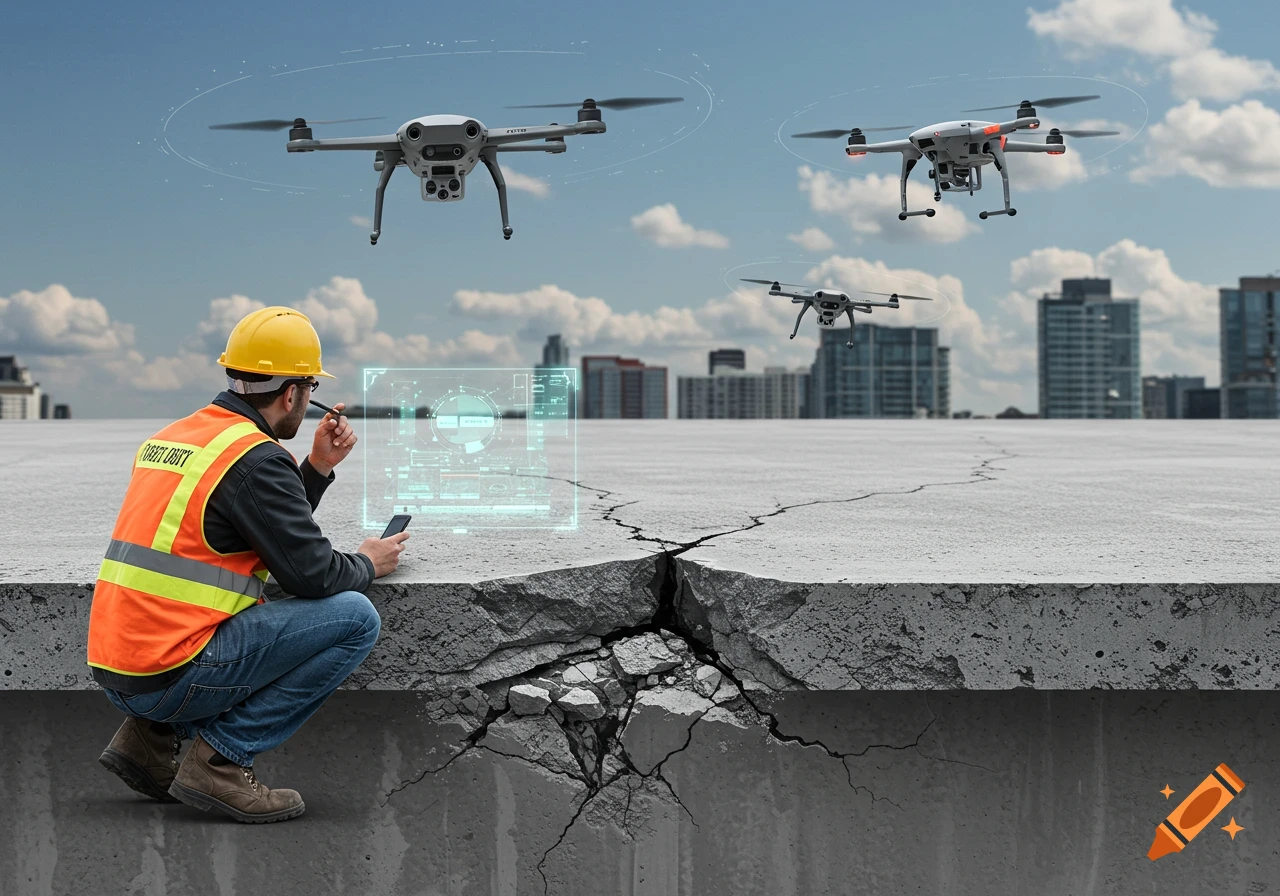 A construction worker uses a smartphone to analyze a deeply cracked concrete slab with three drones flying overhead, monitoring the damage.