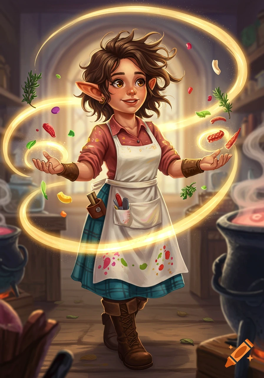 An illustration of a feminine halfling cook with disheveled hair and a kind expression, surrounded by a magical aura and floating ingredients in a cozy kitchen.