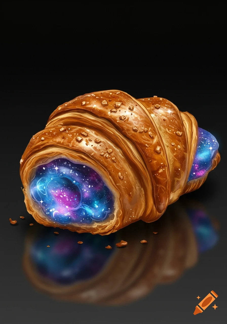 A golden brown croissant with a vibrant purple and blue galaxy swirling inside, set against a dark background with a reflection.