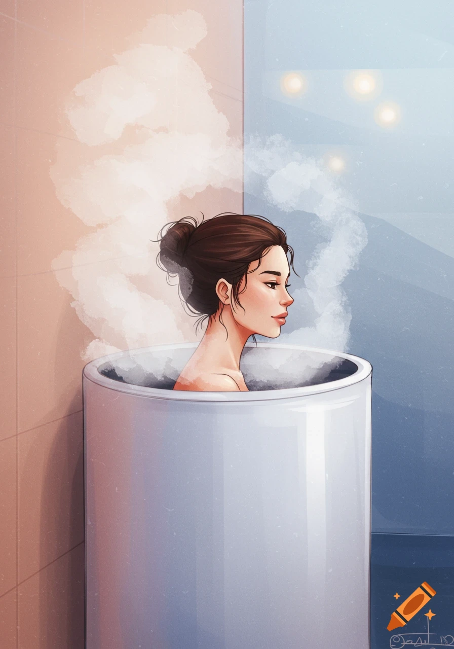 Stylized illustration of a woman in a white steam box at a spa, with steam rising.