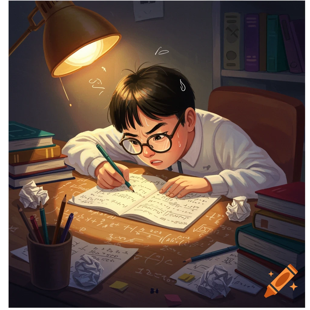 An illustration of a young male student with glasses intensely focused on solving math problems in a notebook at a desk under a lamp, surrounded by books and crumpled papers.