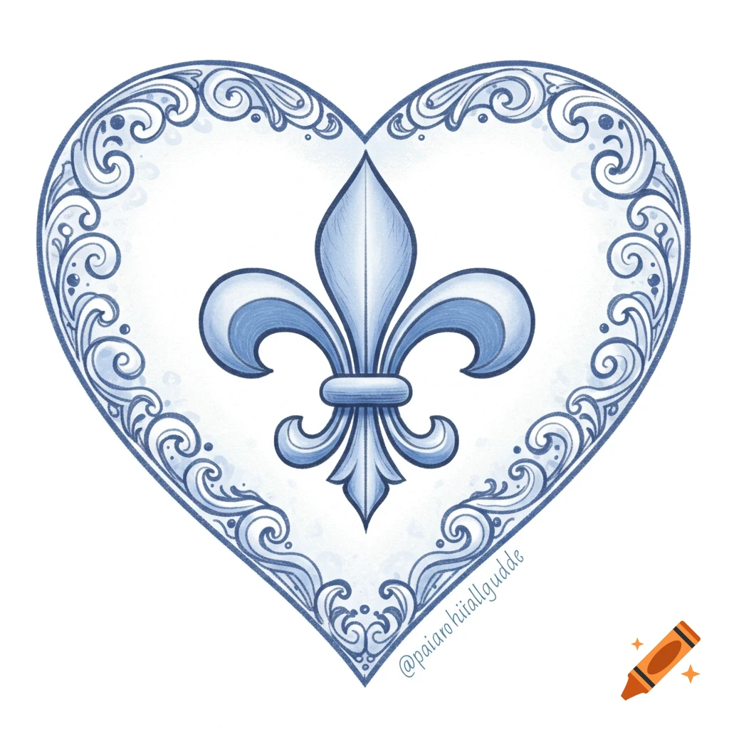 A decorative blue and white fleur-de-lys symbol inside a heart shape with ornate borders.