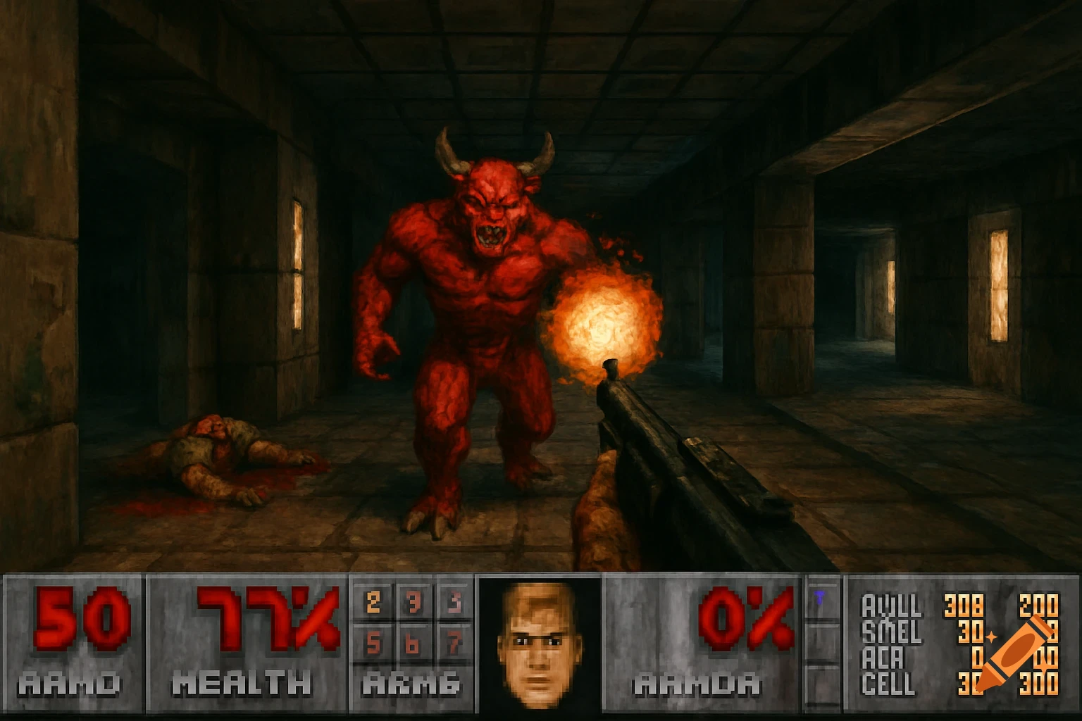 First-person view of a red demon in a dark stone dungeon from the game DOOM, with a dead body and game UI visible.