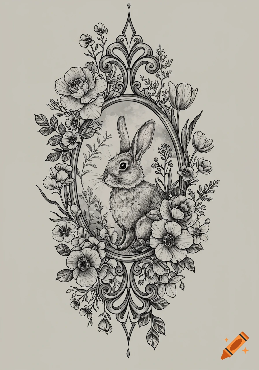 A black and white sketch of a bunny sitting in an oval, ornate gothic frame, surrounded by detailed botanical flowers and foliage.
