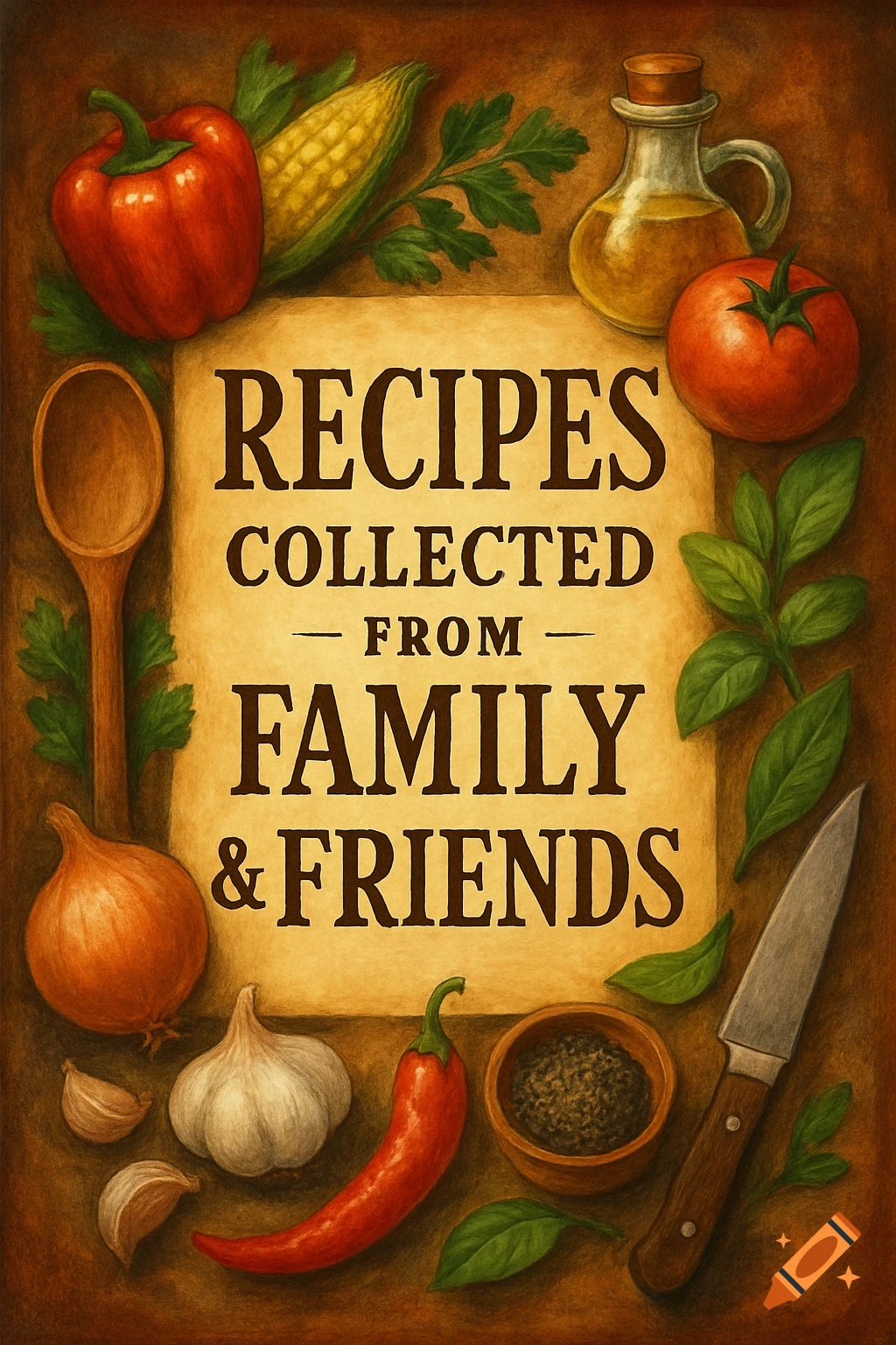 Illustrated book cover titled 'Recipes Collected from Family & Friends', surrounded by cooking ingredients like vegetables, herbs, oil, and spices.