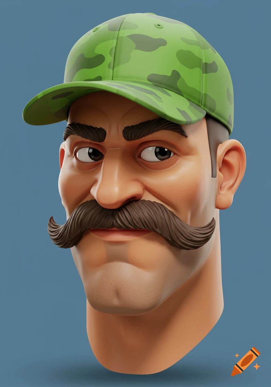 Cartoon headshot of a man with a large mustache and a green camouflage baseball cap.