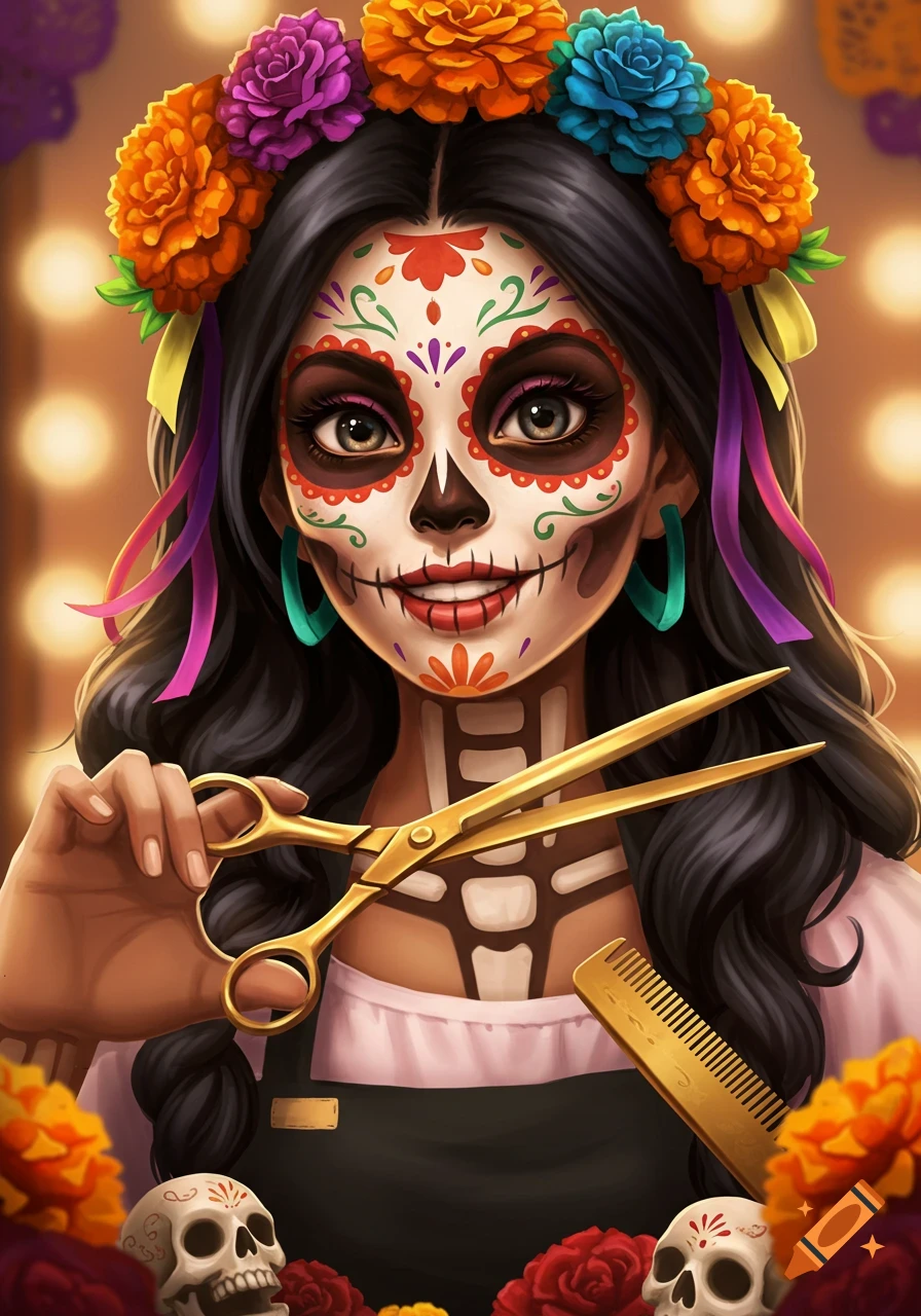 Illustrated portrait of a woman with colorful Day of the Dead skull face paint, wearing a flower crown and holding golden hairdressing scissors.