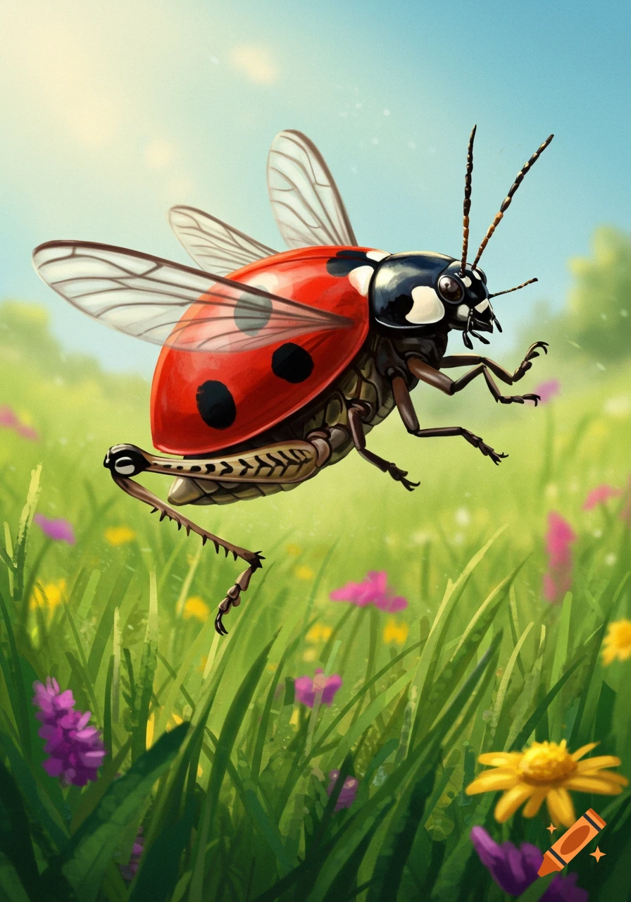 A detailed illustration of a flying ladybug-grasshopper hybrid over a vibrant green field with colorful wildflowers.