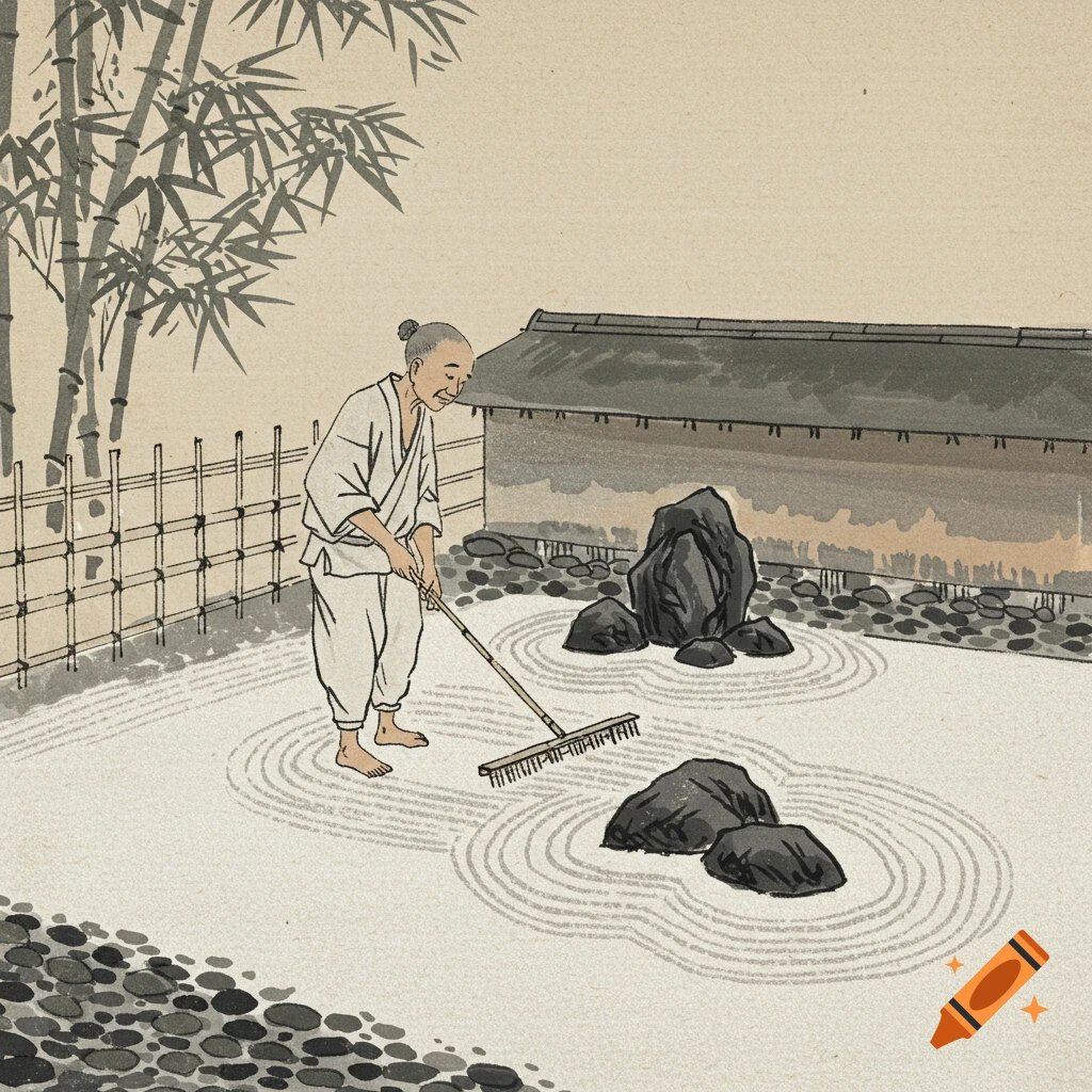 An old Asian gardener rakes circular patterns in a zen rock garden in an antique ink drawing style.