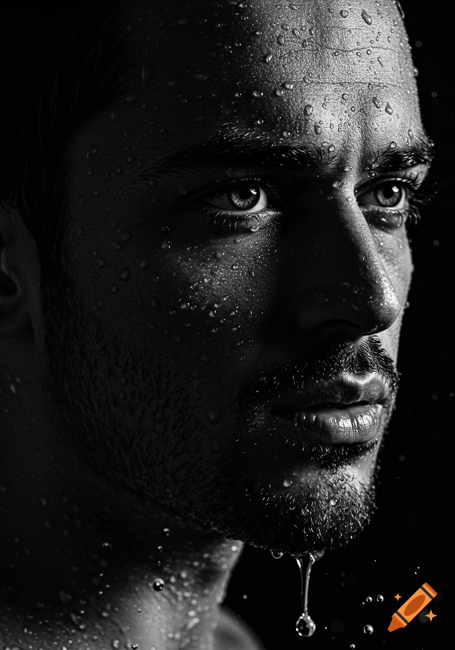 Close-up black and white portrait of a man with wet skin and hair, dramatic lighting on water droplets, intense and cinematic.