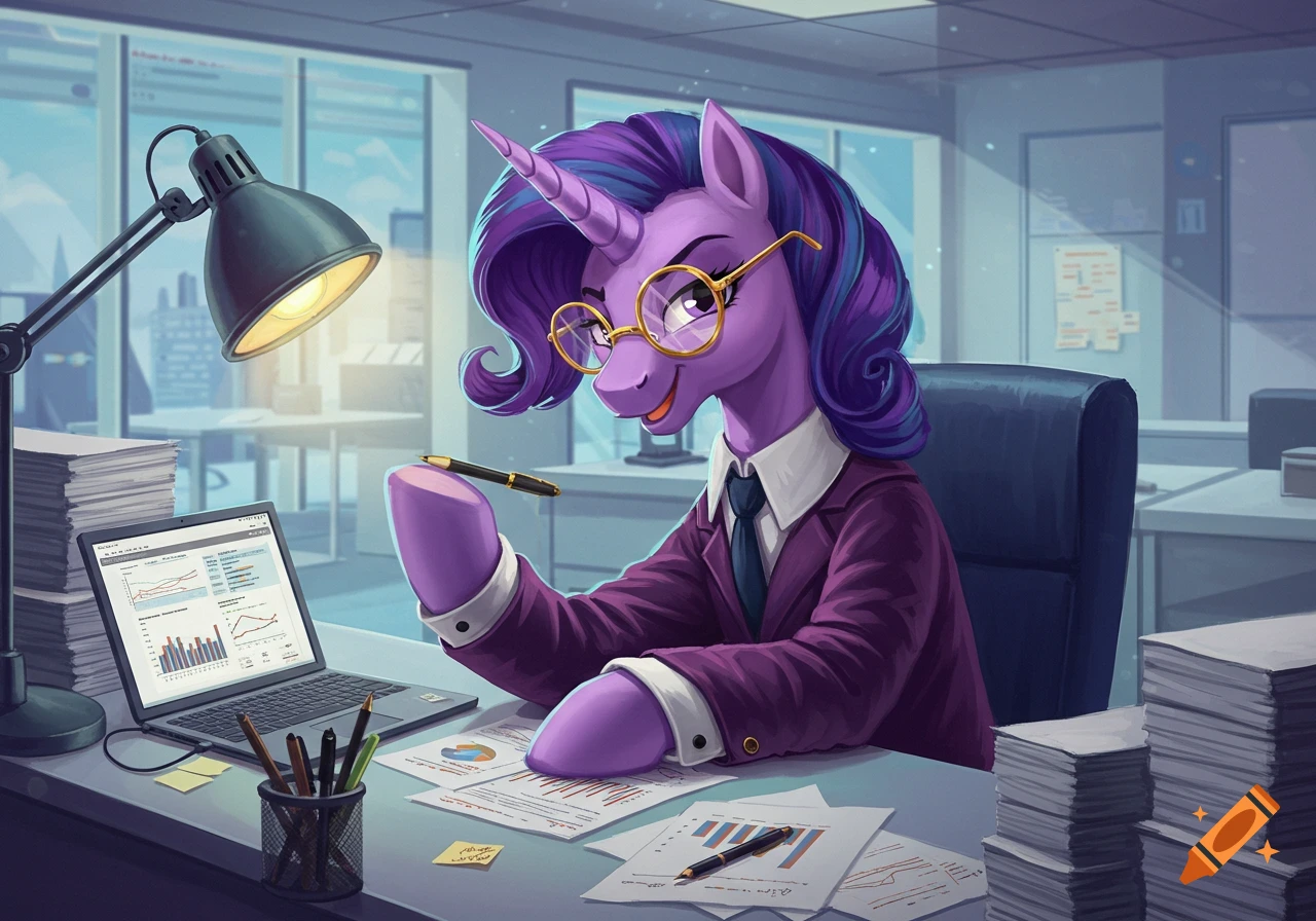 A purple unicorn wearing glasses and executive clothes sits at an office desk with a laptop, papers, and pens.