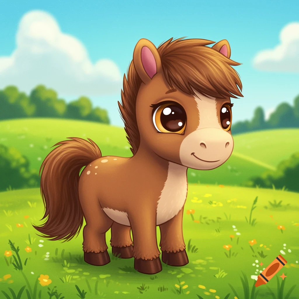 A cute brown cartoon horse stands in a green field under a blue sky.