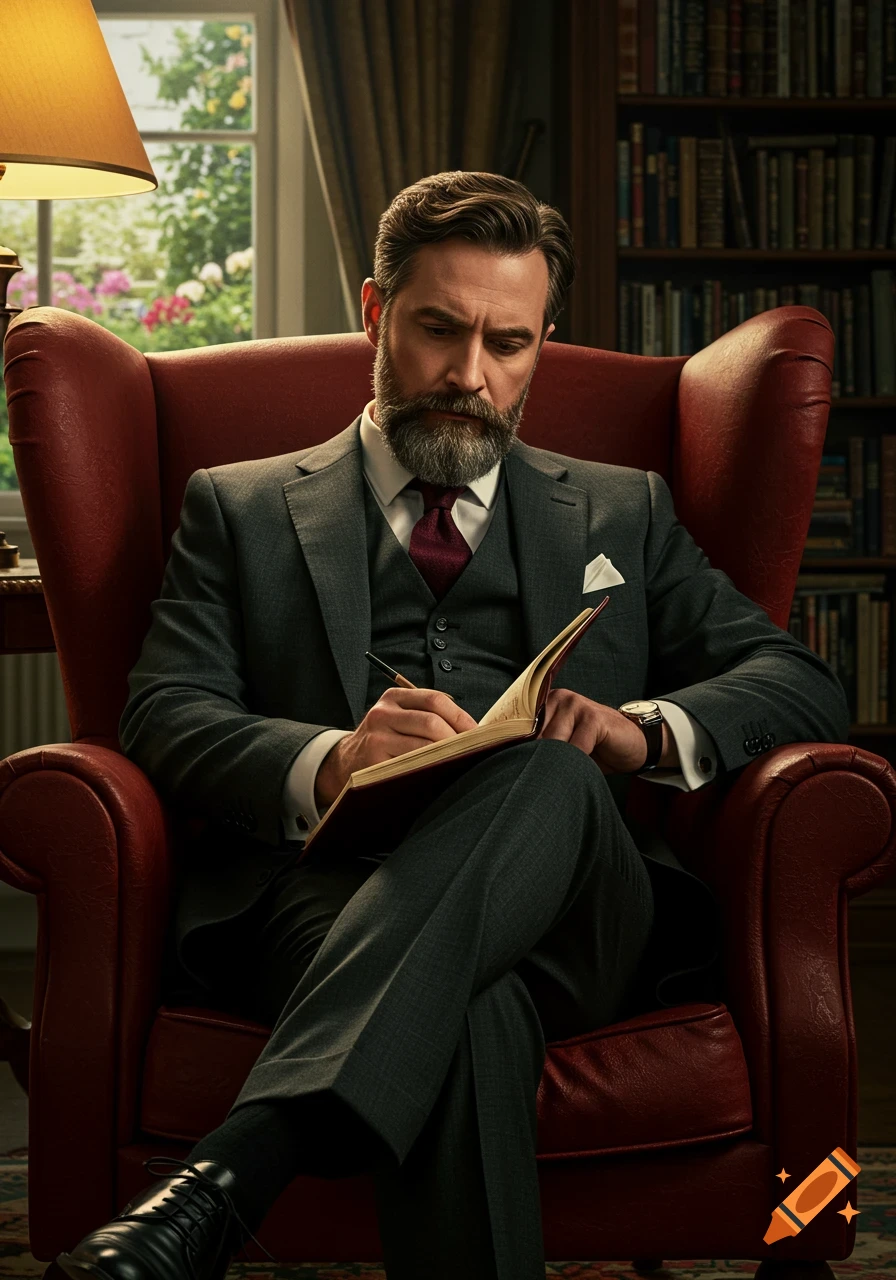 A bearded man in a suit sits in a red leather armchair, writing in a book in a library.