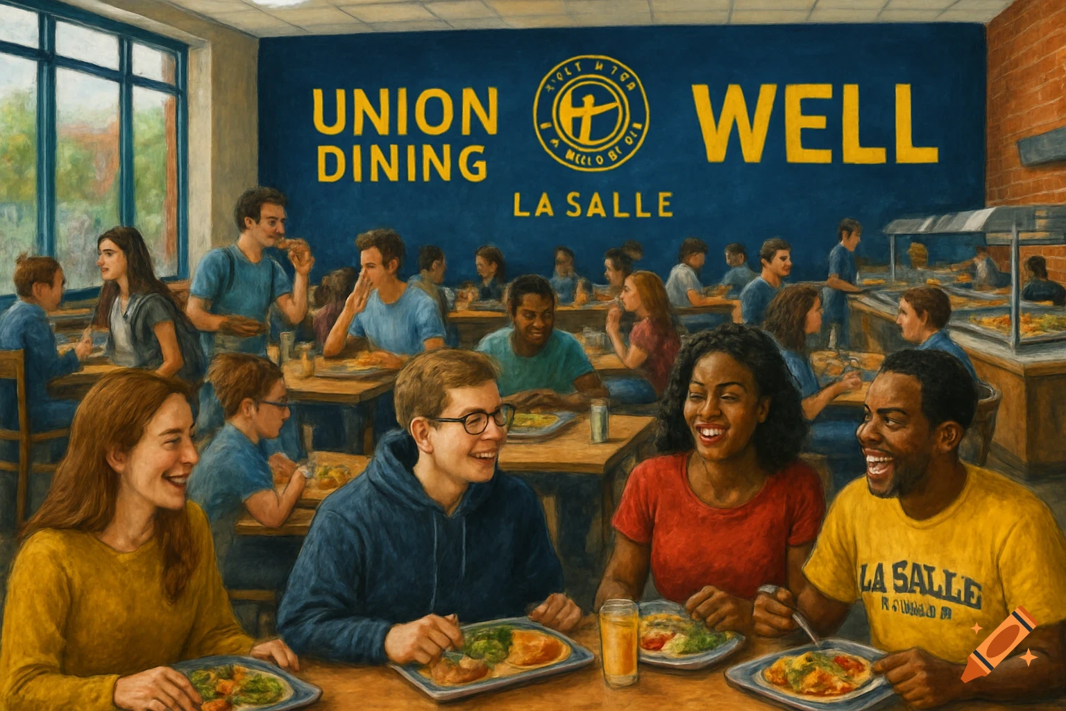 A busy college dining hall with students eating and socializing at tables, and a buffet line in the background. The wall has 'UNION DINING' and 'WELL' written on it.