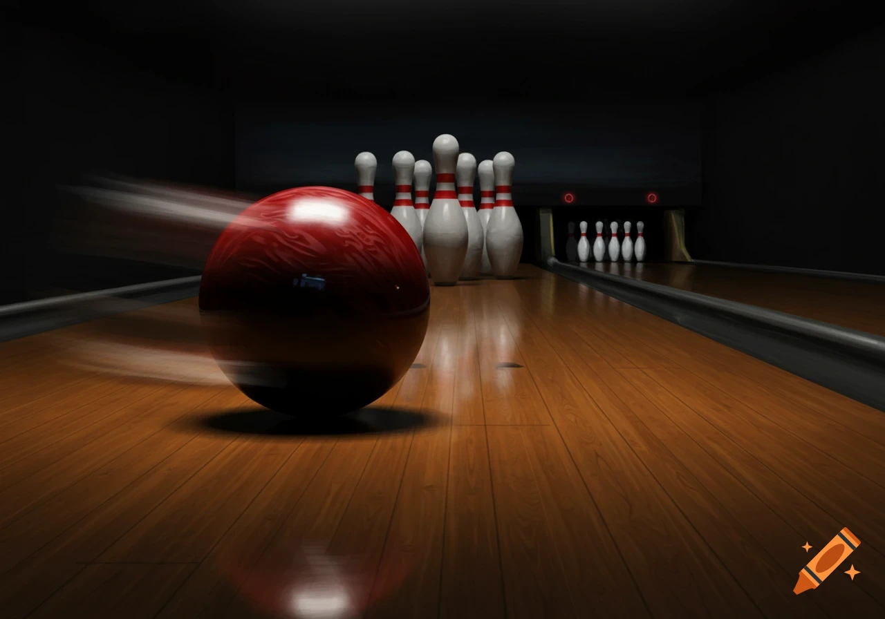 A red bowling ball streaks down a glossy wooden lane towards white bowling pins in a dark bowling alley.
