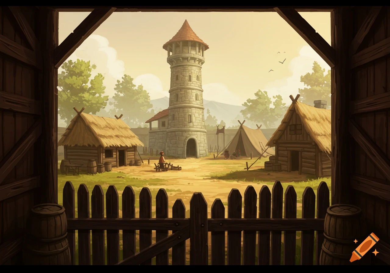 A stylized view into a medieval village with a tall stone tower, thatched shacks, and tents, framed by wooden beams and a fence.
