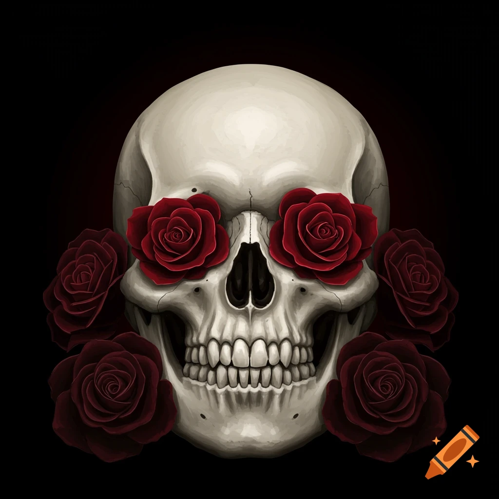 A bone-colored skull with vibrant red roses in its eye sockets and surrounding it, set against a dark black background.