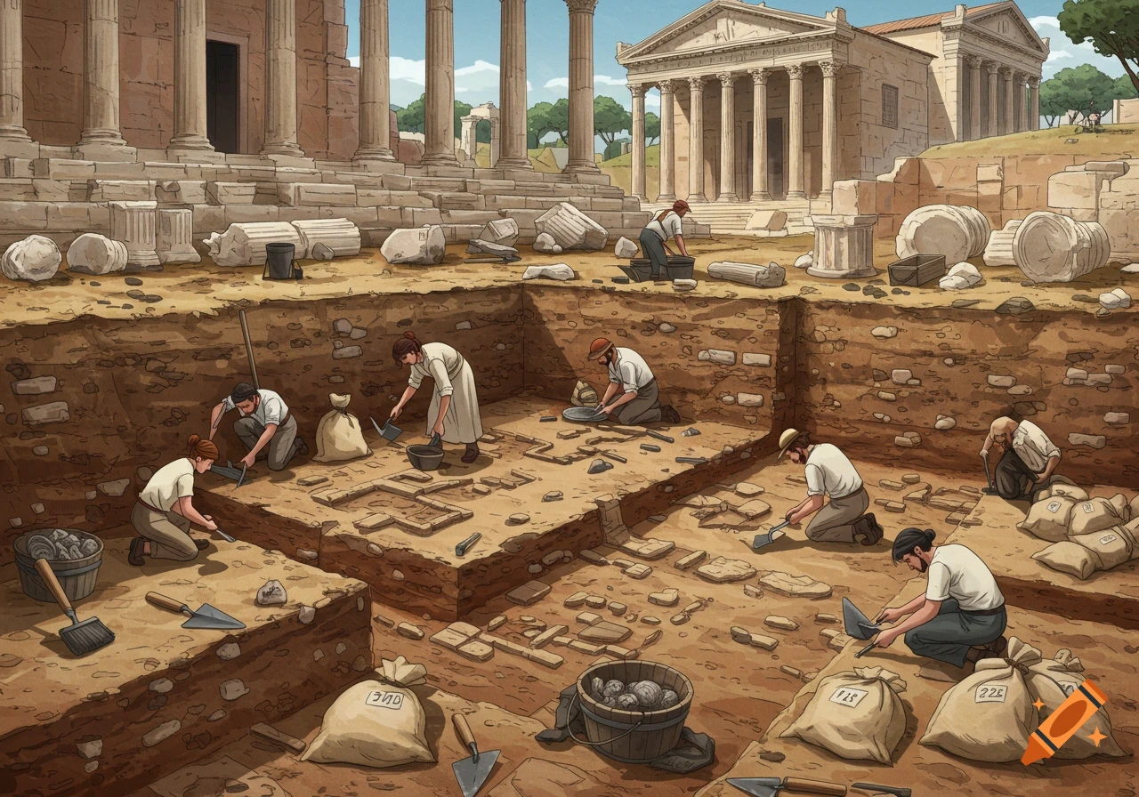 Illustrated scene of archaeologists carefully excavating an ancient Roman ruin, revealing artifacts and dirt layers.