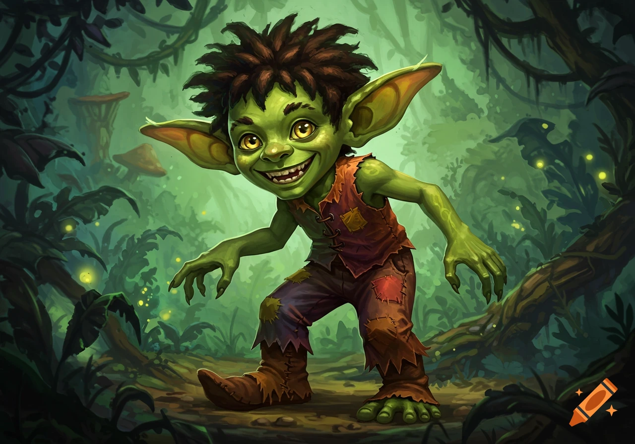 A grinning green goblin with large ears and spiky hair stands in a dark, lush forest with glowing fireflies, digital illustration.