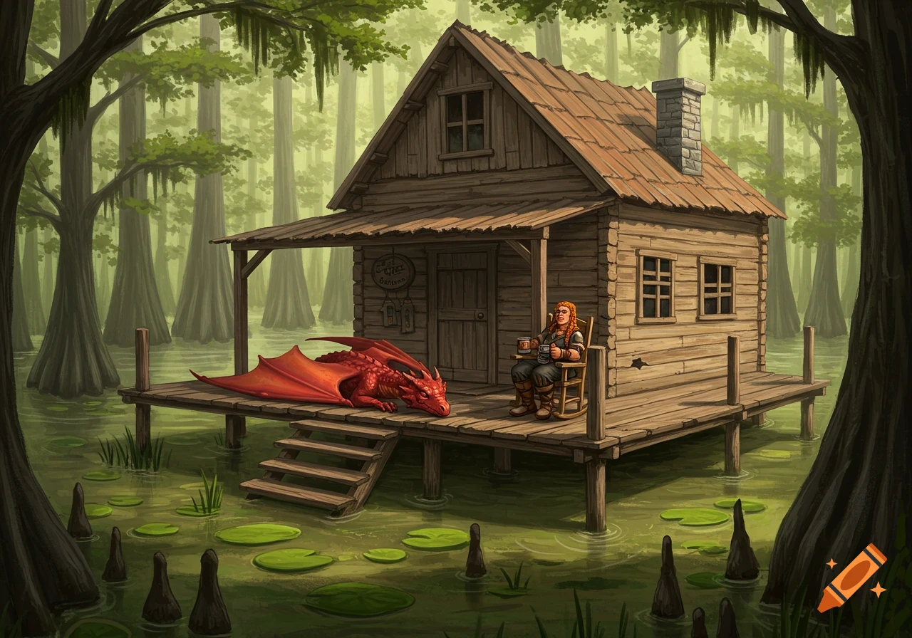 A red dragon and a female dwarf sit on the porch of a cabin in a green swamp, illustrated.