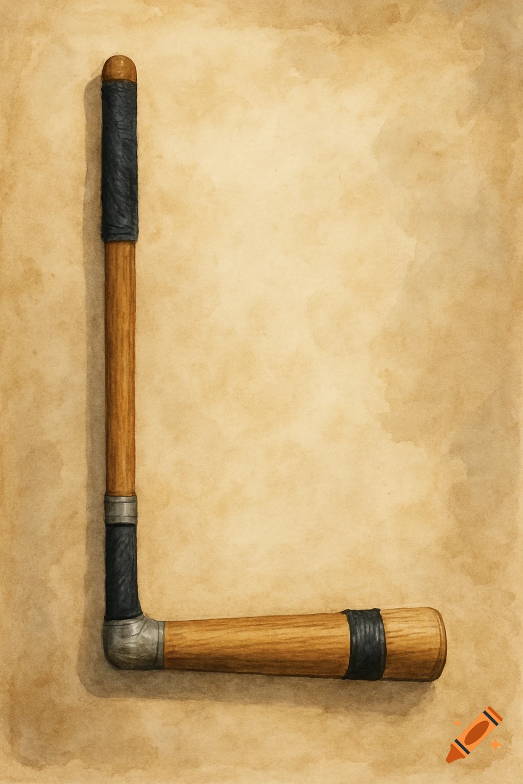 A wooden polo mallet shaped like the letter L, with black wrapped handles, against a textured light brown background in a watercolor style.