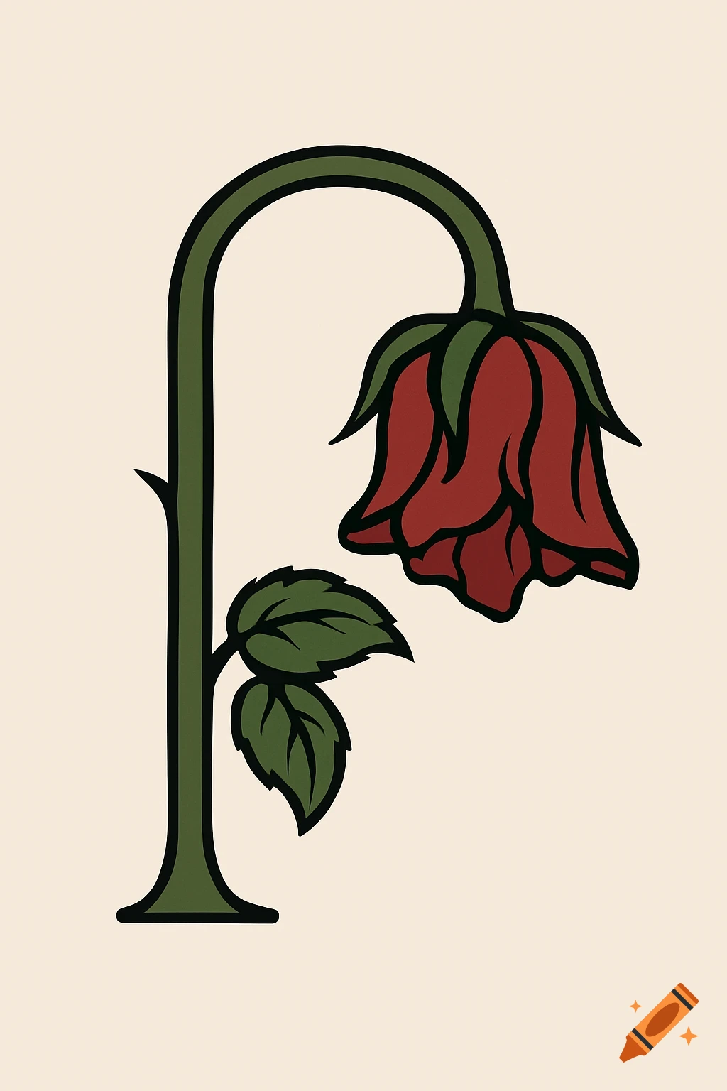 A stylized illustration of a wilted red rose with green leaves and stem, forming the shape of the letter P on a cream background.